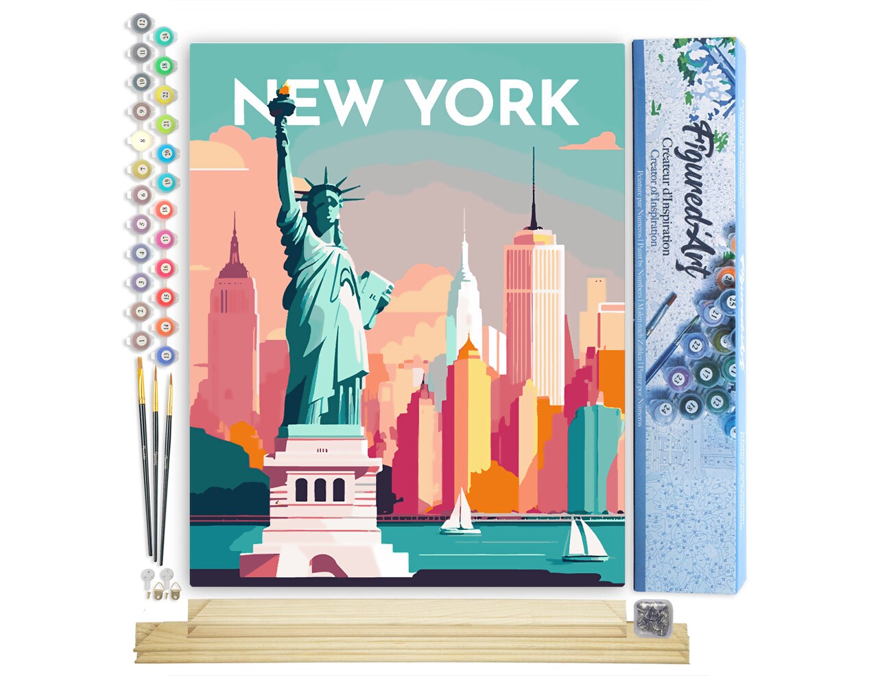 Figured'Art Paint by Numbers for Adults Travel Poster New York 16"x20" - Craft Art Painting Rolled Canvas with DIY wooden frame